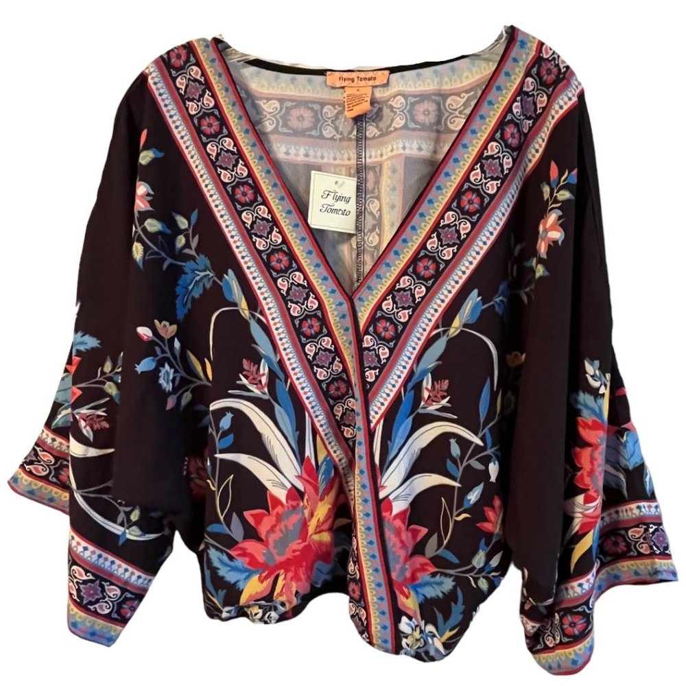 Flying Tomato Black Floral Faux Wrap Crop Top